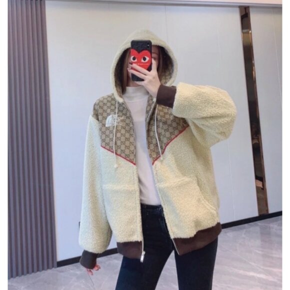 Gucci x The North Face Brown logo jacquard hooded drawstring zip-up shearling ja - Picture 5 of 8